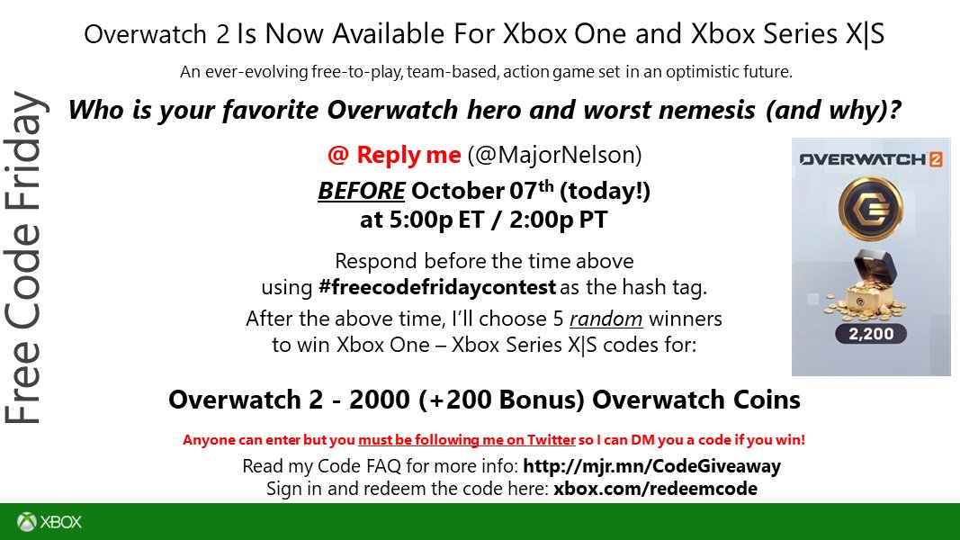 Larry Hryb, Gamer Emeritus ⌨️🖱️🎮 on X: "#freecodefridaycontest time. Read  this and you could win a code for Overwatch 2 - 2000 (+200 Bonus) Overwatch  Coins on Xbox One - Xbox Series