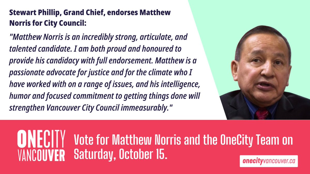 MrMatthewNorris's tweet photo. It’s an honour to receive Grand Chief Stewart Phillip’s endorsement. He cont. to lead the way on #Indigenous Rights and #Climate Justice. The highlight of my career has been working with and learning from one of the most genuine, compassionate and effective leaders in BC #vanpoli https://t.co/TQUxusb6RU
