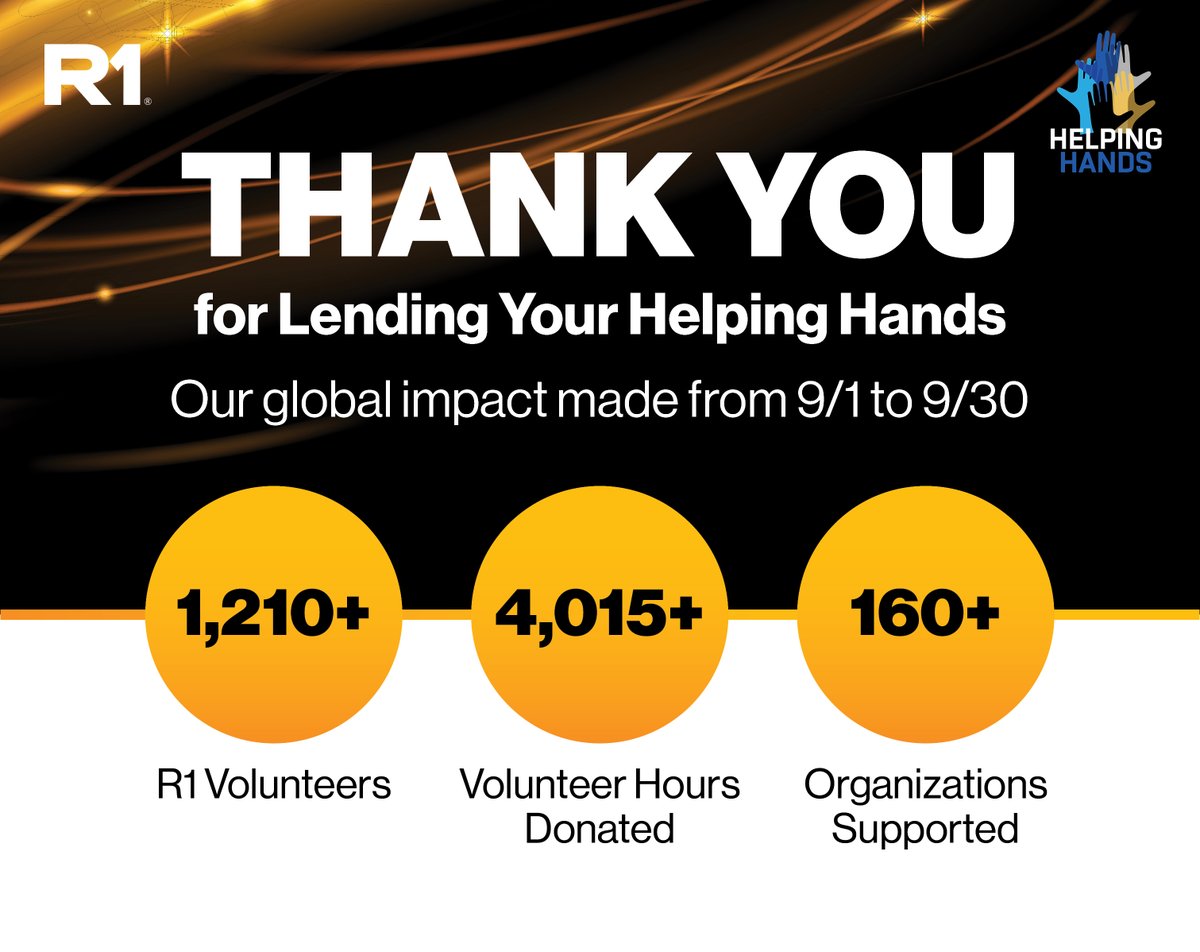 R1RCM's tweet photo. Throughout Helping Hands Month this September, more than 1,210 R1 volunteers donated 4,015+ volunteer hours to support 160+ organizations globally. Thank you to the many R1 associates who helped make a meaningful impact in our communities! #HelpingHands #OperatewithPurpose https://t.co/tKxaNhUsNH