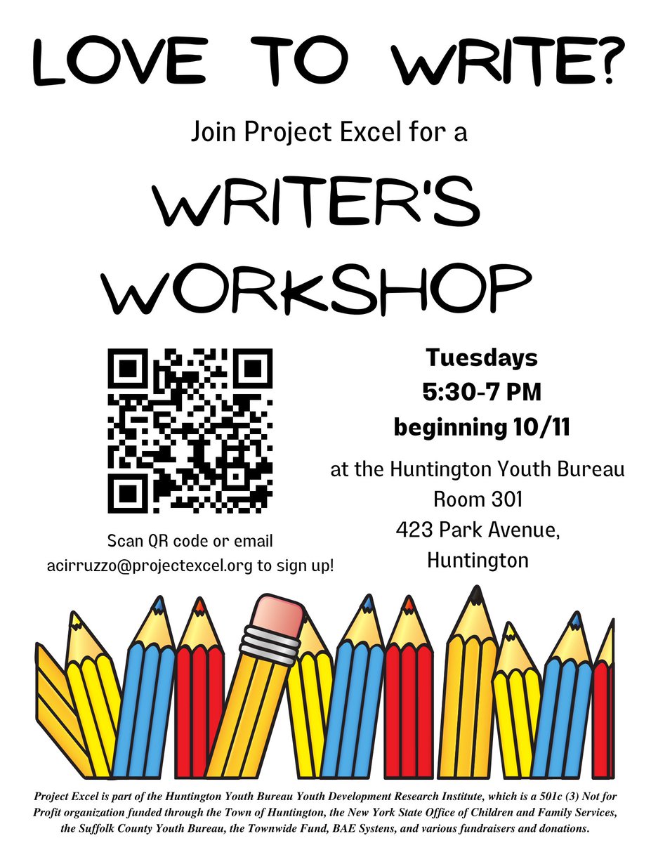 ProjectExcelHYB's tweet image. Calling all writers! Join us for a Writer's Workshop!
This workshop is FREE and open to youth ages grades 6 through 12 residing in the Town of Huntington! Call (631) 271-5499 with questions or to register!