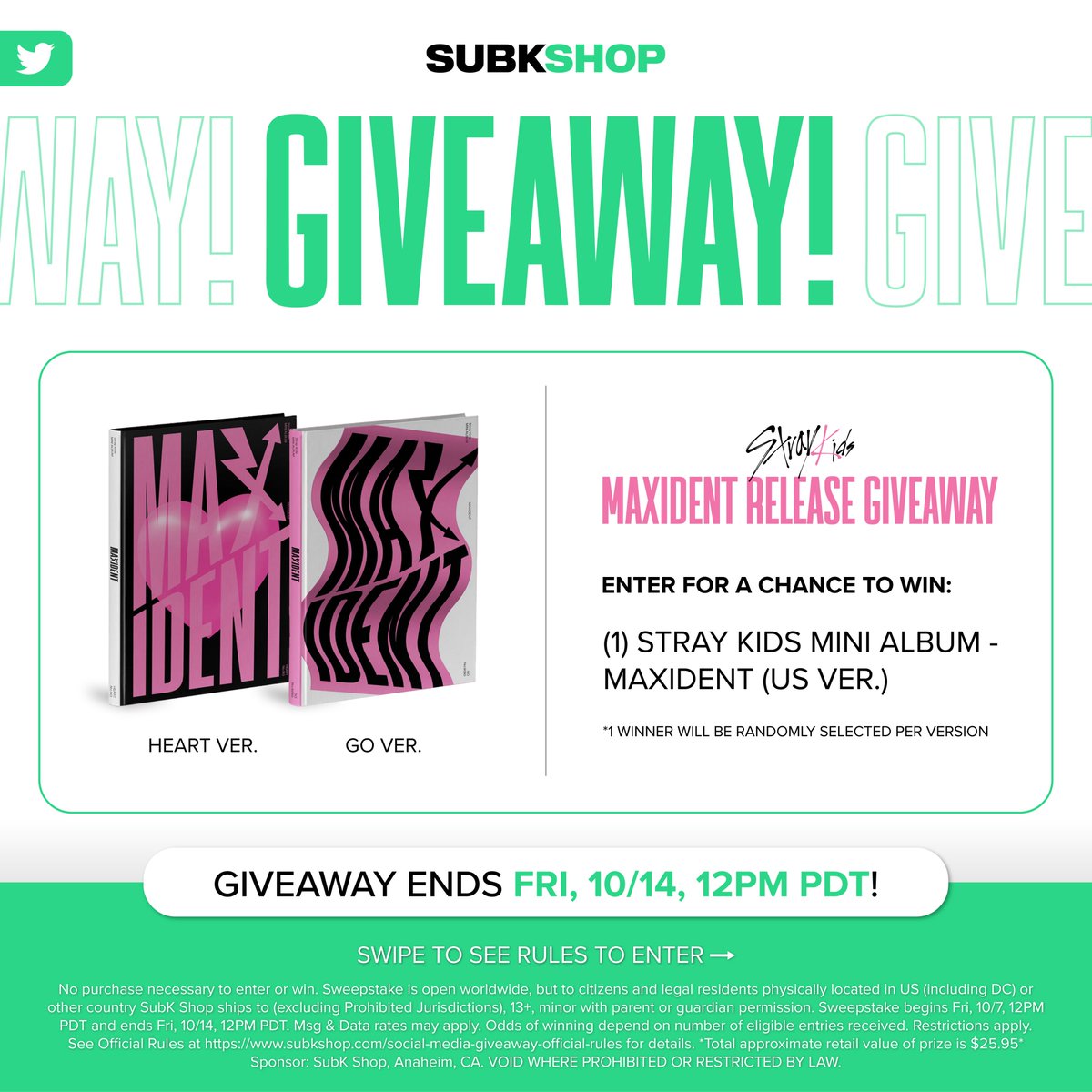 subkshop's tweet photo. 💗 GIVEAWAY 🖤

We’re giving away Stray Kids MAXIDENT albums! 

To enter: 
1. Follow us
2. Like &amp; RT
3. Tag a STAY + reply w/ your fave song(s) from the album!

*Only HEART and GO VER. are included in the GA — 1 winner to be randomly selected per version.

#SUBKSHOP #SUBKSQUAD https://t.co/KYvQnyhdGQ