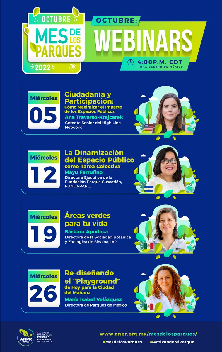 ANPRMexico's tweet photo. ¡Este mes de los parques conoce todos nuestros webinars de esta 5ta edición!🔊🌳

Más información del mes de los parques: https://t.co/j33M9N1lji

#MesdelosParques #ActivandoMiParque https://t.co/X0h4us08FB