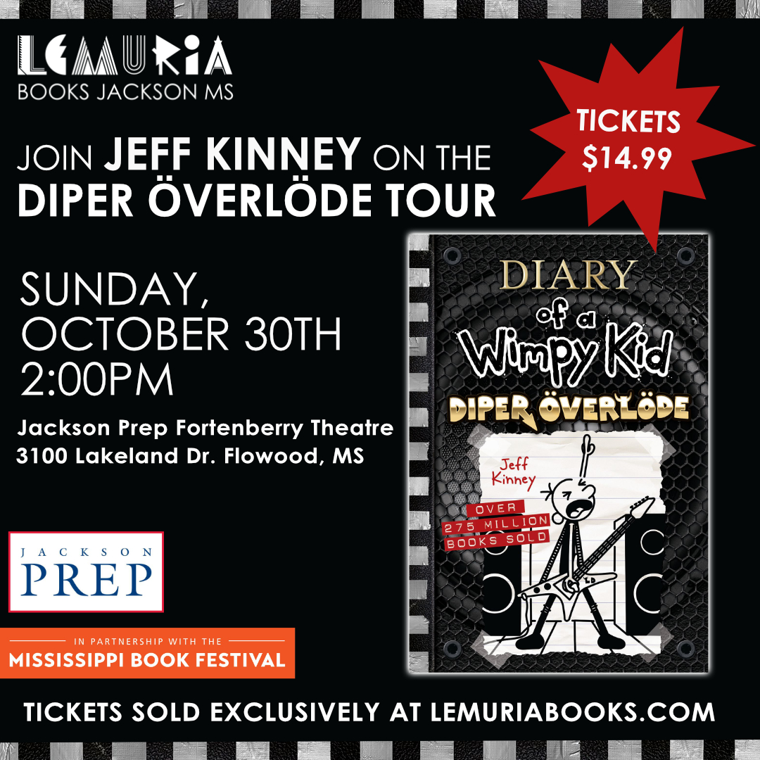 ICYMI: Jeff Kinney of @wimpykid will be in Jackson October 30th at the Jackson Prep Fortenberry Theatre! We're partnering with @LemuriaBooks and @jacksonprep to bring a rockin' concert to young readers. Don't miss The Diper Överlöde Show! Details here: lemuriabooks.com/Jeff-Kinney-Ev…