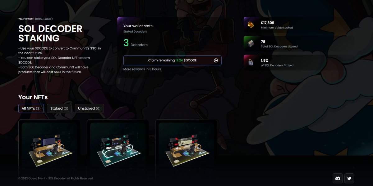 SOL_Decoder's tweet image. Staking is live❗️

Stake to earn the $DCODE token🪙

◾️Use it for PFP upgrade = earn double token &amp;amp; future marketplace

◾️Swap for $SCI token by @communi3_io 
(1 $DCODE = 2.5 $SCI) 

◾️Use $SCI token for utilities in C3 &amp;amp; @riftersio game

👉 staking.soldecoder.app
#C3D