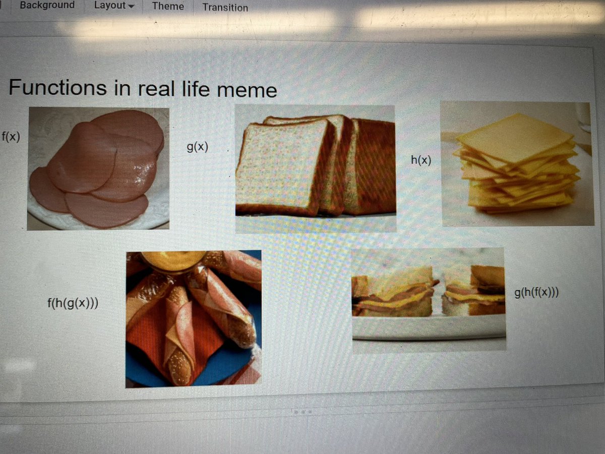 MathWithMrsV's tweet photo. A few memes from Precalc. demonstrating that they get the idea of composition of functions! Fun! #iteachmath #math180 https://t.co/dkwKS1c5Ua