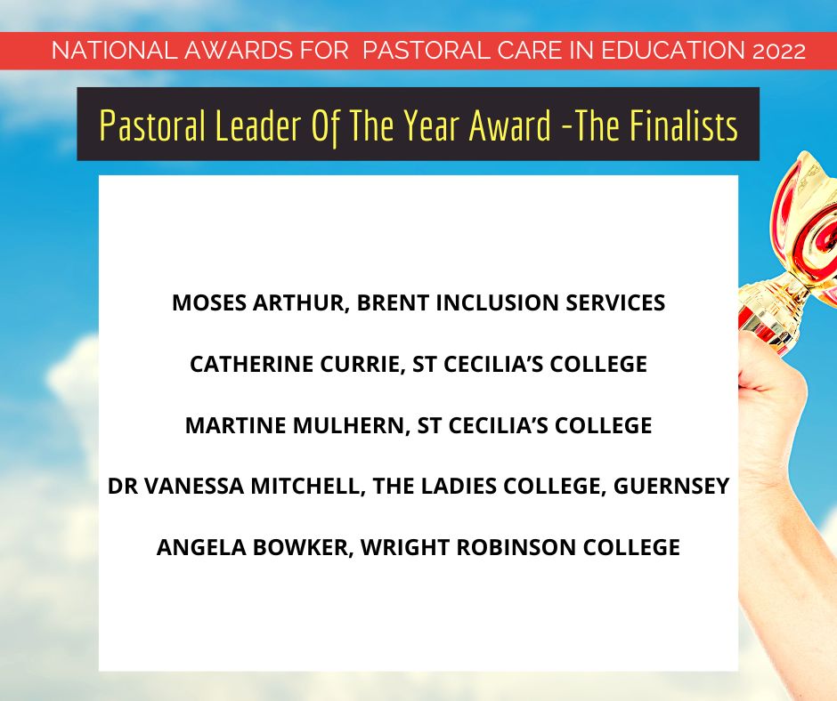The finalists for Pastoral Leader of the Year Award 2022 sponsored by @TandFOnline

<a href="/Brent_Council/">Brent Council</a> Inclusion Services (Moses Arthur)
<a href="/StCeciliasDerry/">St. Cecilia’s College</a> (Catherine Currie)
<a href="/StCeciliasDerry/">St. Cecilia’s College</a> (Martine Mulhern)
<a href="/LCGSY/">The Ladies' College, Guernsey</a> (Dr Vanessa Mitchell)
<a href="/WrightRobinson/">WrightRobinson</a> (Angela Bowker)

#NAPCE22