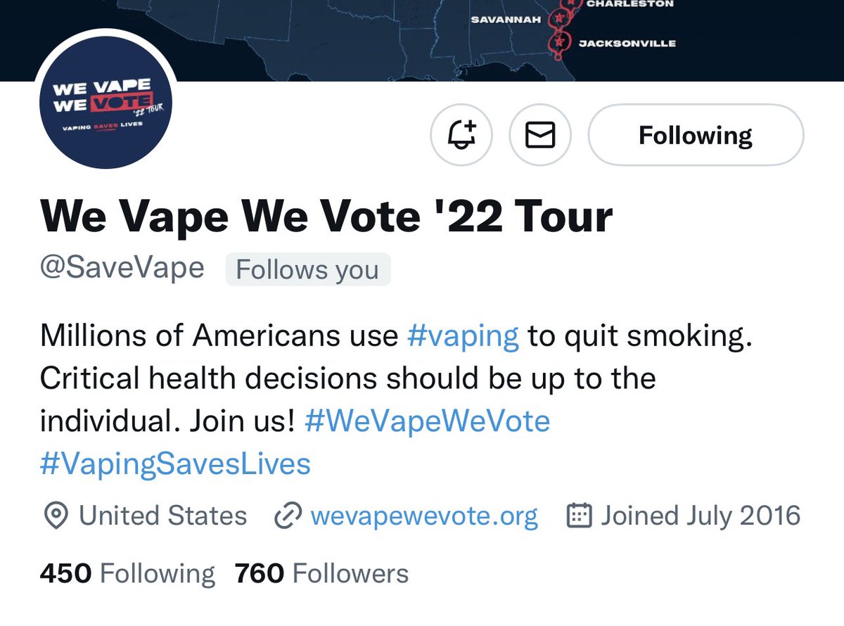 Hey #VapeTwitter, PAVe currently has 2,723 followers and the #WeVapeWeVote Tour has 760. Go follow <a href="/SaveVape/">We Vape We Vote!</a> today, and let’s show them who has the true grassroots momentum. RETWEET IF YOU PROUDLY SUPPORT HARM REDUCTION.