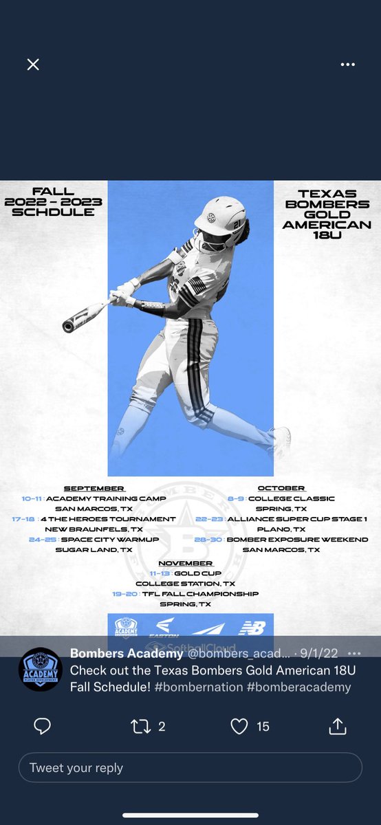 BellaMorales08's tweet photo. Here is what the rest of the fall looks like and I can’t wait to create so many memories with my new family!! @18uAmerican @ETBU_Softball @JanaeShirley https://t.co/Ir7abm8B4s