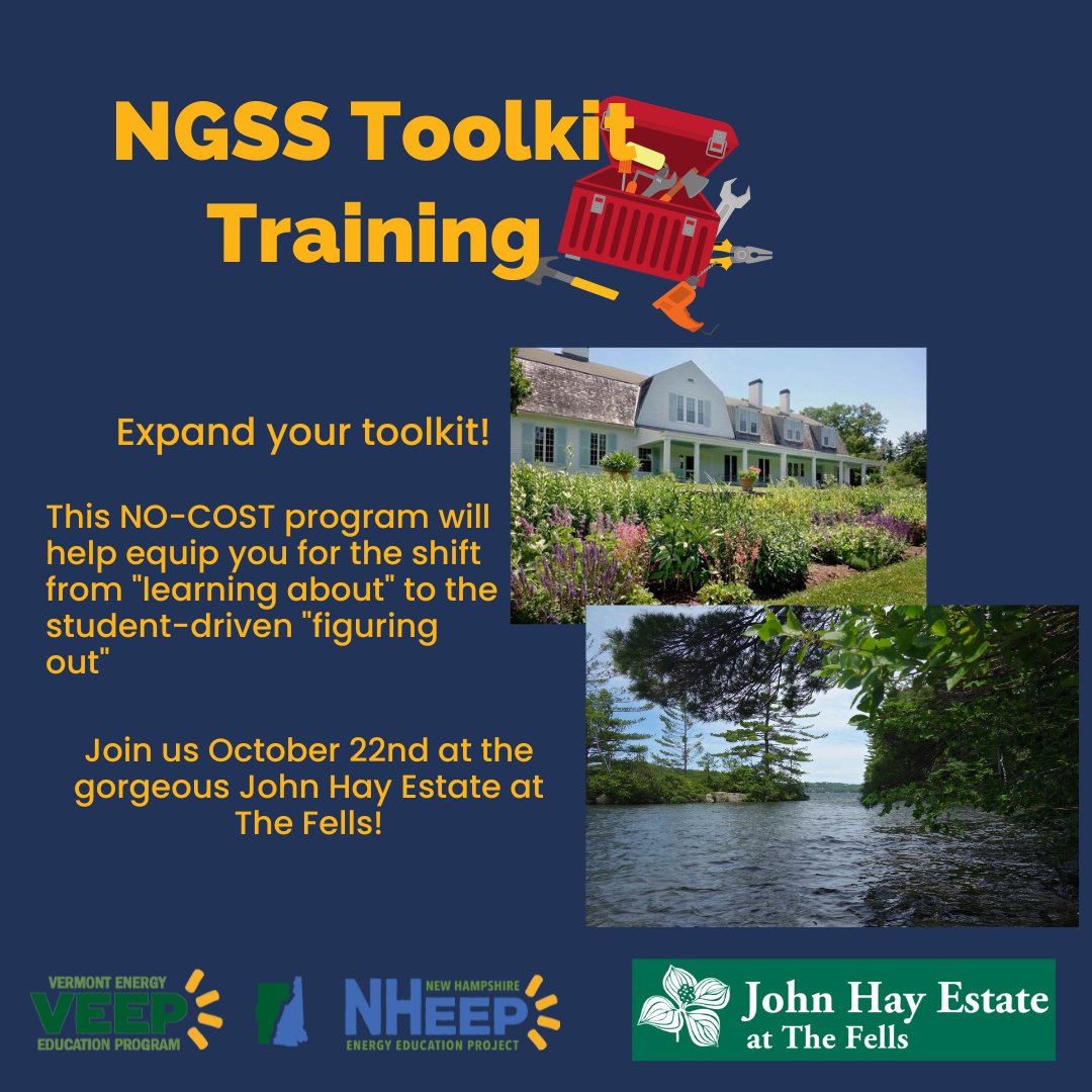 NHEnergyEd's tweet photo. Have you signed up for the NGSS Toolkit Training October 22nd??

To learn more and register, go to our website: https://t.co/DLd1YteRB8

Thank you to @TheFellsNH for hosting us! https://t.co/LkrL2GMR2C
