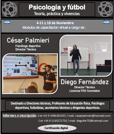 Diegofer70H's tweet photo. Quiero invitarlos los días 4-11 y 18 de noviembre junto al psicológo deportivo Cesar Palmieri a los módulos de capacitación que denominamos:Psicólogia y Fútbol:Teoria, práctica y vivencias. Para informes e inscripción comunicarse a los teléfonos y mails que figuran en el flyer.⚽ https://t.co/sZWJydSIHQ