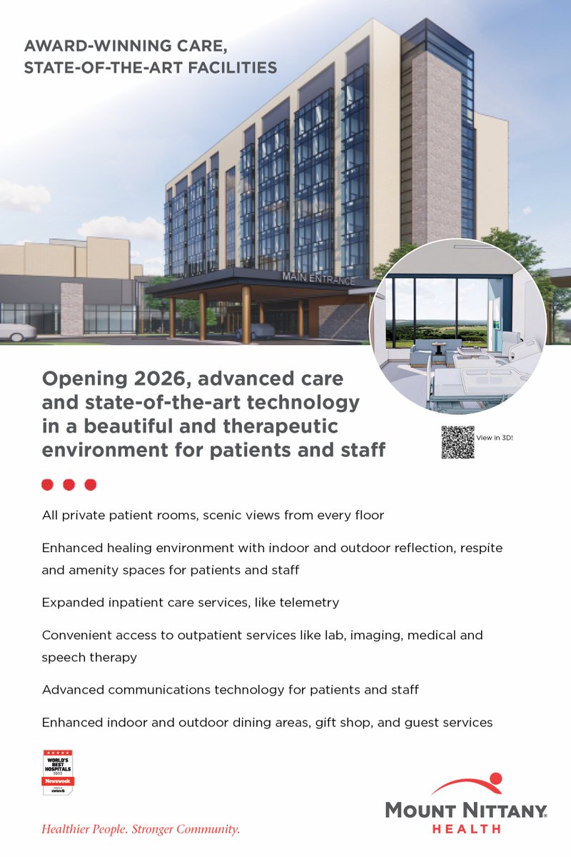 MountNittany's tweet photo. Mount Nittany Health is pleased to announce the development of a new 168-room addition to the Mount Nittany Medical Center. This state-of-the-art facility will deliver an advanced patient-centered experience by providing private rooms for all patients. https://t.co/7pXoSVeVrj https://t.co/qgJkJGlAmD