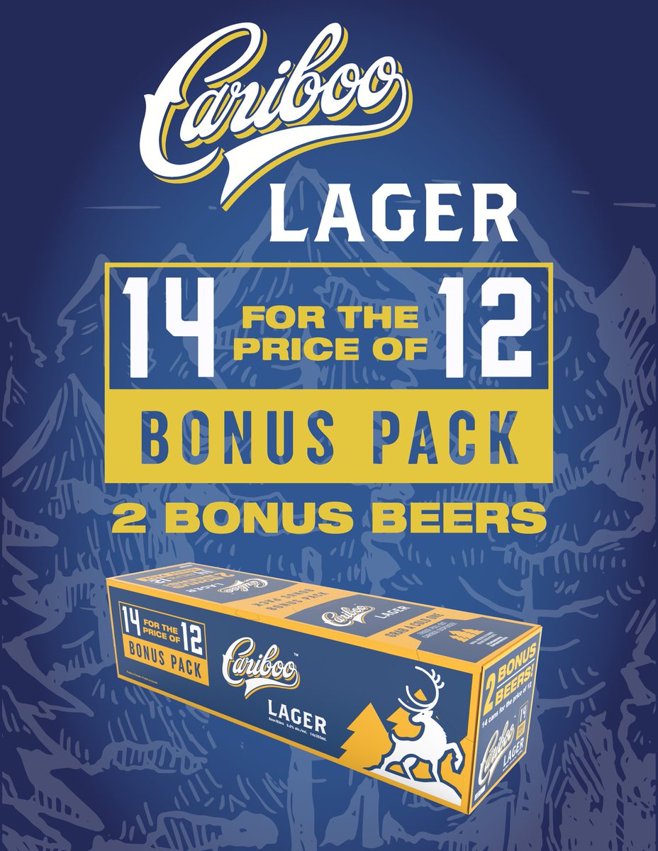 LIMITED EDITION #CaribooLager “14 for the price of 12” packs are landing at participating private retailers in #BritishColumbia starting this long weekend!

Pick up specialty marked packs and score 2 FREE BEERS with your purchase while supplies last! 

#CaribooBrewing