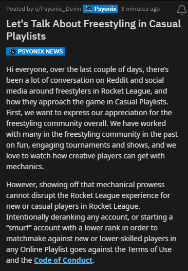 FrowzySquirrel's tweet photo. Psyonix's statement about Freestyling in casual. This should clear it up for everyone 👍 https://t.co/yEOpWCMq55
