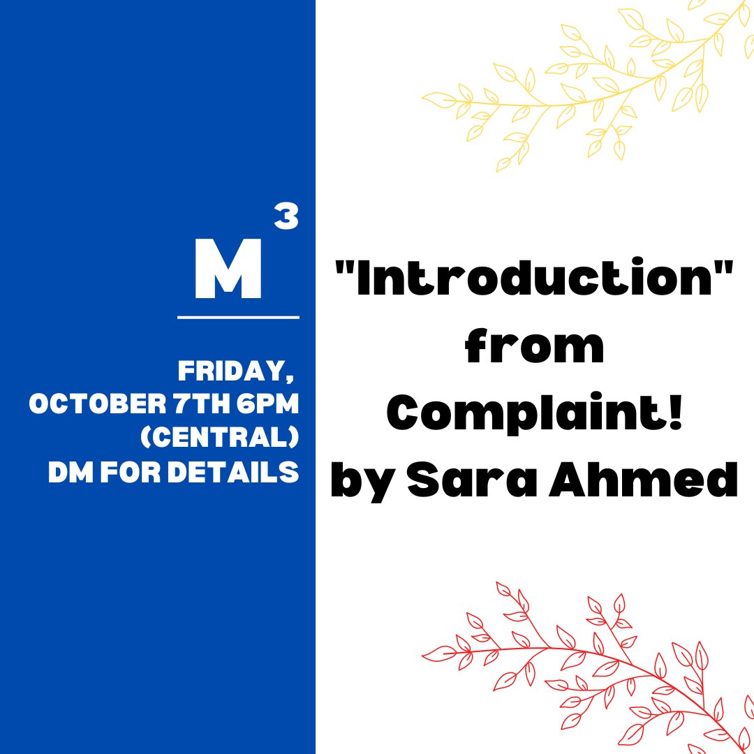 KU_MARC_'s tweet photo. Join us this evening as we start pouring through this book. If you would like to join along, please DM. #saraahmed #complaint #kumarc #marc #kumarcM3 #kumarcmediameetings #mediameetings #M3 #rcjh #ku #marcM3 https://t.co/Dd5kJHV4G0