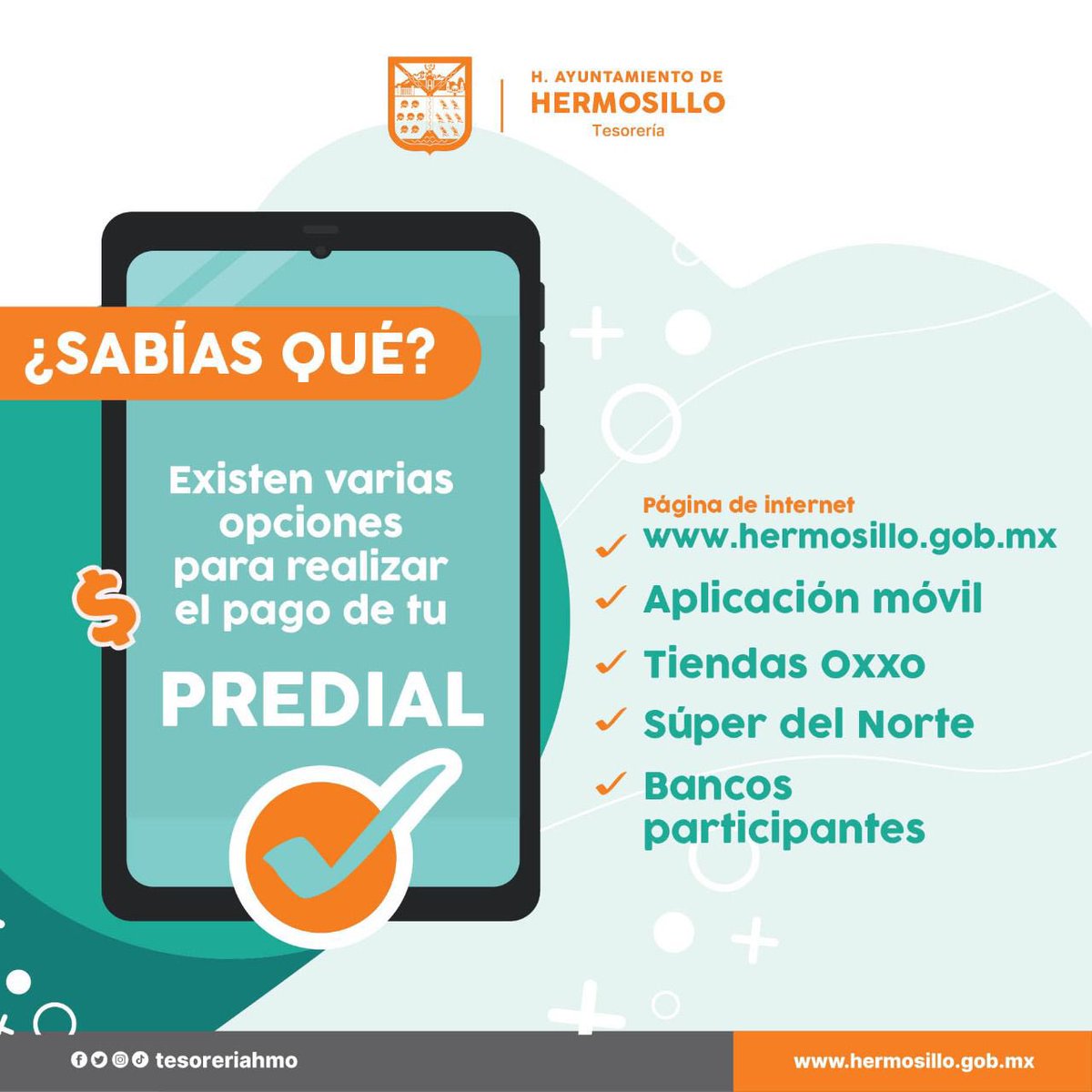 tesoreriahmo's tweet photo. ☝️#SabíasQué contamos
Con varias opciones para que puedas realizar el pago de tu predial. 🏠 
📱Elige el que mejor se adapte a tus necesidades y #PonteAlDíaConTesorería 👌 https://t.co/wCEUb1sNkA