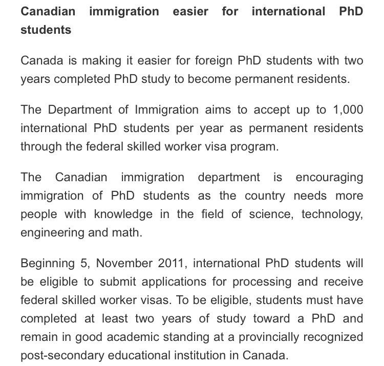 Olufemiloye's tweet photo. This was available for PhD students in Canada in the past

You do just 2 years of study towards a PhD &amp; become eligible to apply for PR

I hope we get something similar for all international students soon

We need a separate &amp; permanent TR to PR pathway for international students https://t.co/zlUaBoe1bm