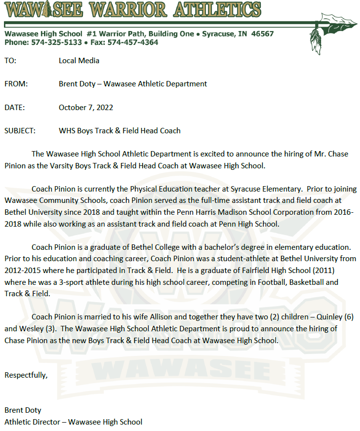 WawaseeAthletic's tweet photo. 📰Wawasee Athletics NEWS📰

Please Welcome Mr. Chase Pinion as the new Boys Track &amp; Field Head Coach at Wawasee High School.

#WeAreWawasee https://t.co/kCMvGy6Mn5