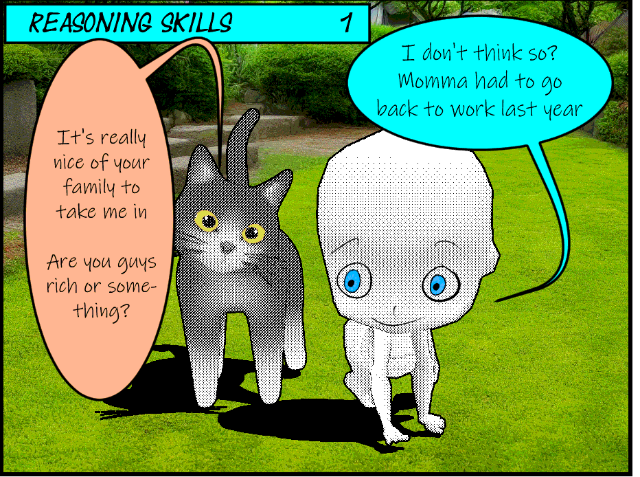 tigger2051's tweet photo. I made a comic titled Reasoning Skills, mostly to practice. Baby and cat are 3d models Clip Studio Paint with eyes added, the backgrounds are AI generated in Stable Diffusion. was practicing drawing, originally I was going to redraw everything, but I focused on the story instead https://t.co/kycq06dTZ2