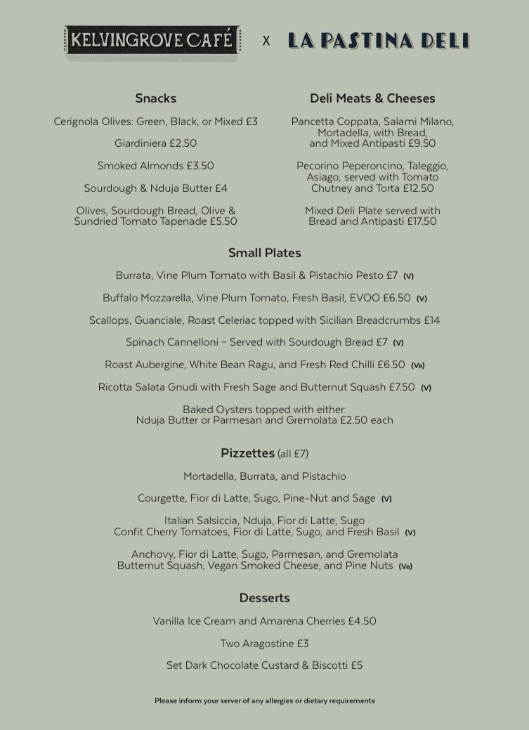 LapastinaDeli's tweet photo. First menu for La Pastina X Kelvingrove cafe
#glasgow #kitchentakeover https://t.co/CLzZPblr2v