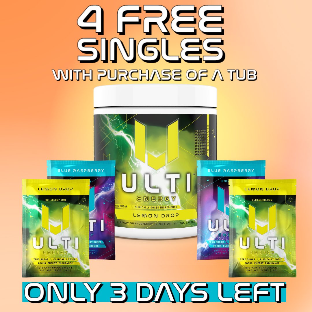 ULTI_Supps's tweet photo. Free Singles in your area 🥵

There’s only 3 DAYS left to get your 4 free single serves with a purchase of a tub! Get them while you can. 😍 https://t.co/QSXilbFo11