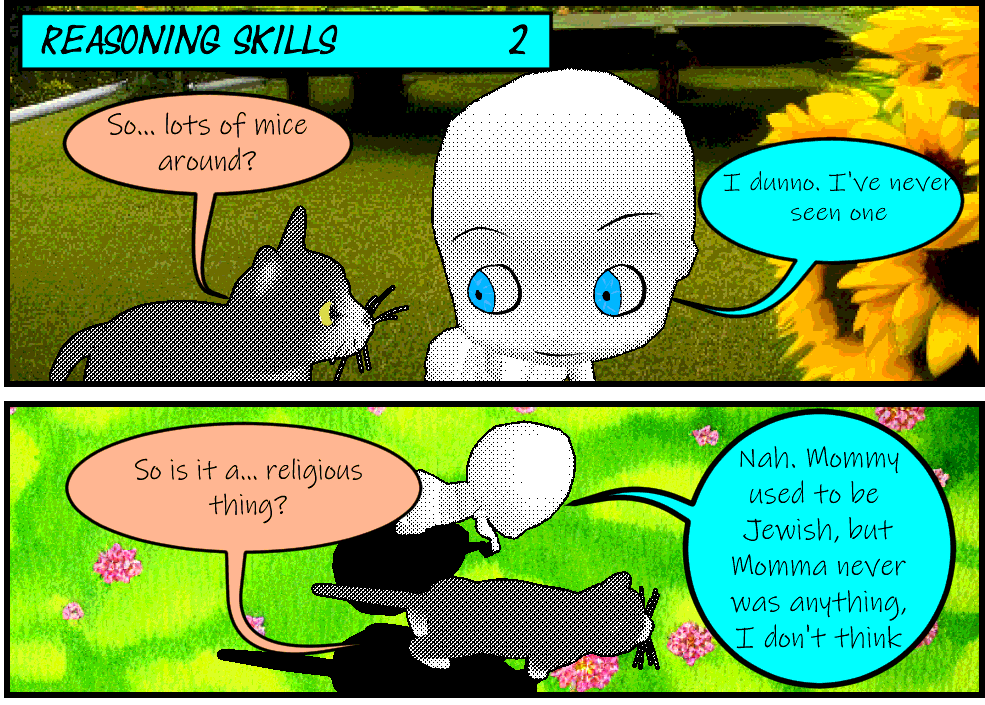 tigger2051's tweet photo. I made a comic titled Reasoning Skills, mostly to practice. Baby and cat are 3d models Clip Studio Paint with eyes added, the backgrounds are AI generated in Stable Diffusion. was practicing drawing, originally I was going to redraw everything, but I focused on the story instead https://t.co/kycq06dTZ2
