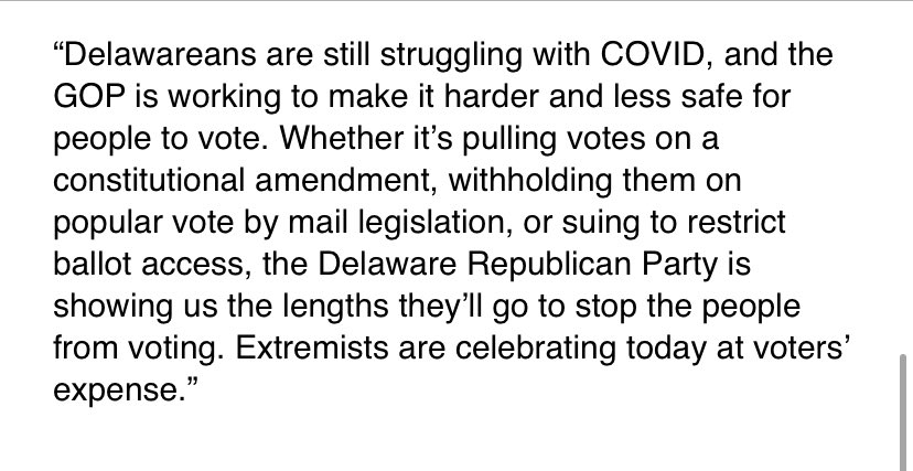 Attorney General Kathy Jennings comes out *swinging* at Delaware Republicans, following the state Supreme Court striking down vote by mail + same day registration legislation.