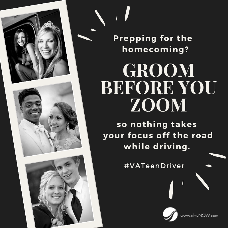 VirginiaDMV's tweet photo. Heading to Homecoming? Finish your hair and makeup before hopping behind the wheel. Ditch distractions, eyes on the road and #ArriveAlive. #VATeenDriver https://t.co/MO3BhPo6J6