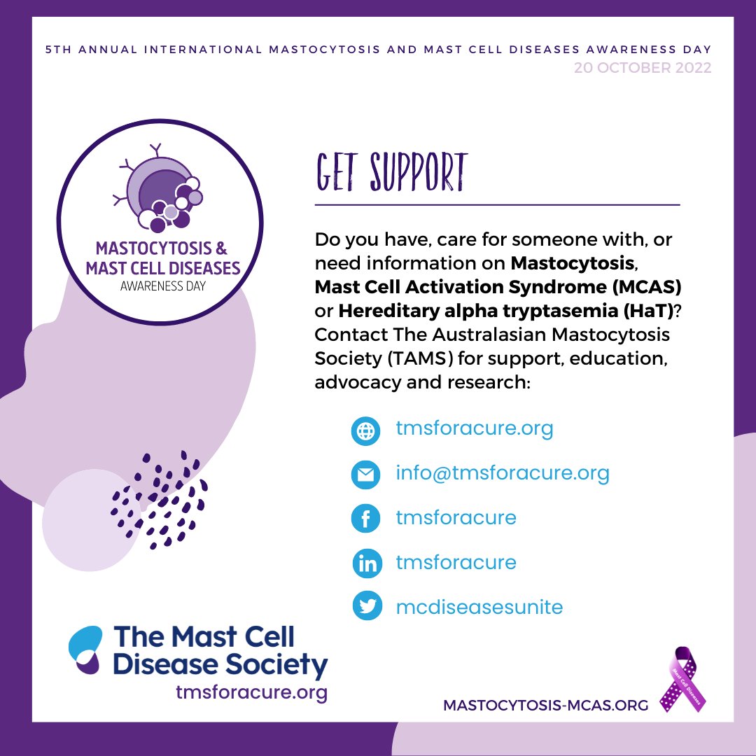 MCDiseasesUnite's tweet photo. Join TMS and organizations across the world in raising awareness and funds to advance research and our understanding of #mastcelldisease. Download this year's social media campaign: https://t.co/s8ZuJSRsZ5 #mastocytosis #MCAS #hereditaryalphatryptasemia #tmsforacure https://t.co/9vVM7qzvrV