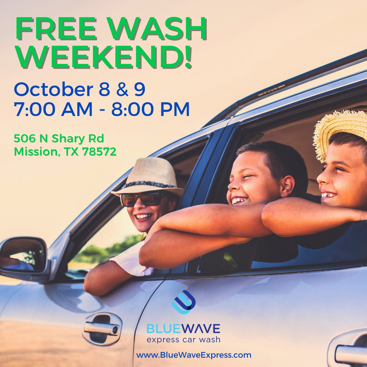 bluewaveexpress's tweet photo. 🚨 Last day of Free Wash Weekend in Mission, TX!
Stop by before 8pm, Oct. 9th for a free wash

506 N Shary Rd, Mission, TX 78572
@cityofmissiontx @missionchamber 
#freewashweekend #freewashes #recycle #BlueWaveExpress #CarWash https://t.co/WVDvXcAOeY