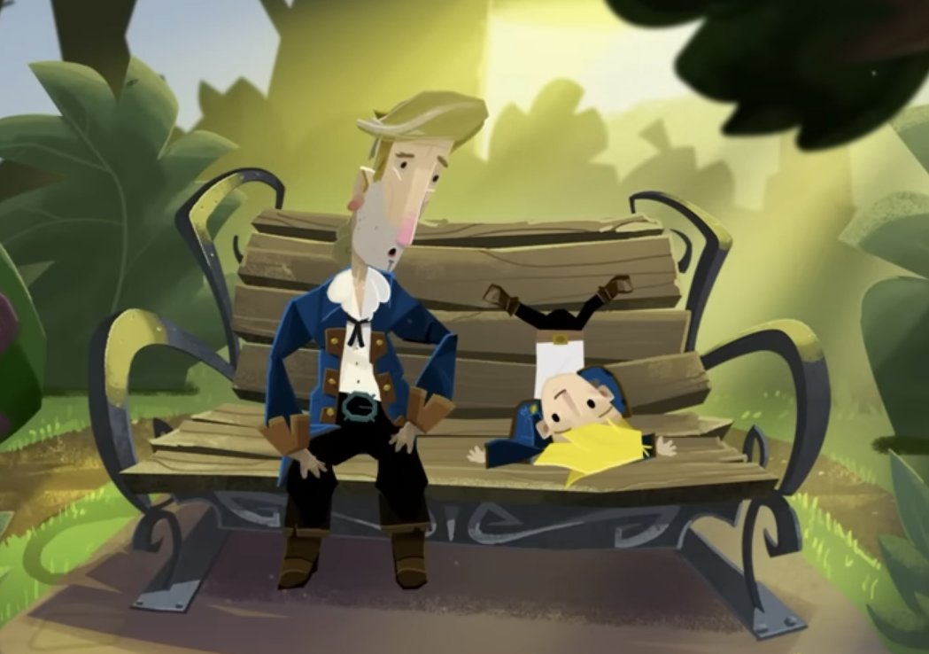 allwritehere's tweet photo. This scene in #ReturnToMonkeyIsland was the single most relatable thing I've seen in a video game ever - talking to your kid while they flop around and ask a million questions. I feel seen, @phrenopolis @grumpygamer @SkilletDoux https://t.co/id5jQrKNK3