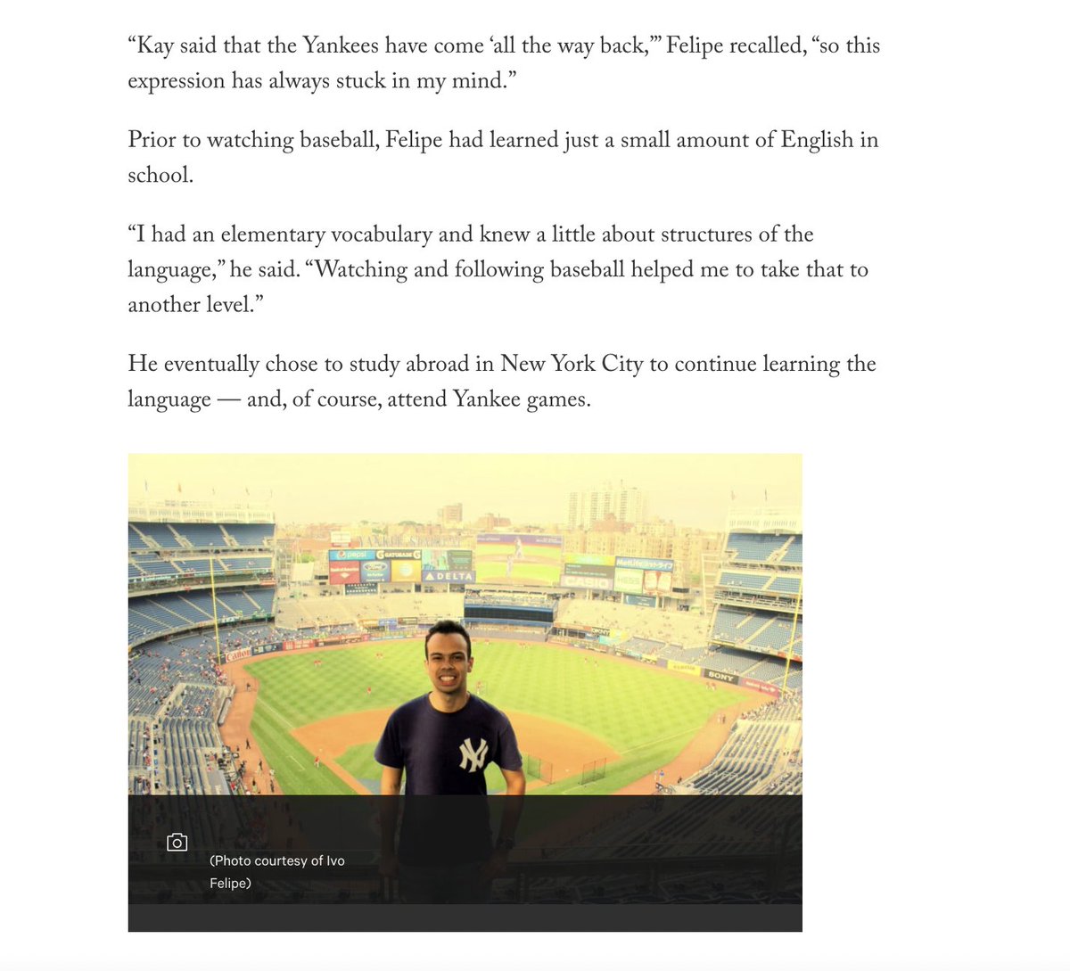 sungmin_kim_'s tweet image. 4 years ago, I interviewed @ivofelipe for a story. Ivo told me how he became a baseball/Yankees fan through being able to follow games live... all the way from Brazil, his home country. He ended up becoming a big fan, went to Yankee games in NYC, etc. 
theathletic.com/758085/2019/01…