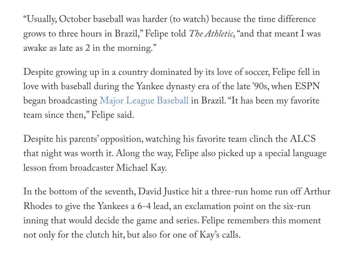sungmin_kim_'s tweet image. 4 years ago, I interviewed @ivofelipe for a story. Ivo told me how he became a baseball/Yankees fan through being able to follow games live... all the way from Brazil, his home country. He ended up becoming a big fan, went to Yankee games in NYC, etc. 
theathletic.com/758085/2019/01…