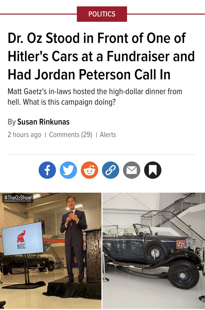 RabbiShmuley's tweet photo. Could this story possibly be true? Could my friend ⁦@DrOz⁩ really have been that insensitive that he hosted a fundraiser in front of Hitler’s car? With a swastika? @droz. Do the right thing. Apologize immediately to the Jewish community for grotesque act of insensitivity. https://t.co/hZPhXyAFOg