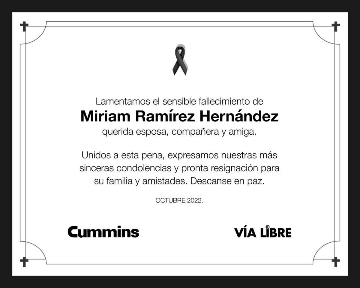 Expresamos nuestras más sinceras condolencias a los familiares y amigos de Miriam Ramírez Hernández, quien ha pasado a mejor vida y cumple ahora el descanso eterno. 

Descanse en paz. 🕊