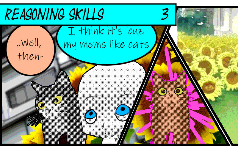 tigger2051's tweet photo. I made a comic titled Reasoning Skills, mostly to practice. Baby and cat are 3d models Clip Studio Paint with eyes added, the backgrounds are AI generated in Stable Diffusion. was practicing drawing, originally I was going to redraw everything, but I focused on the story instead https://t.co/kycq06dTZ2