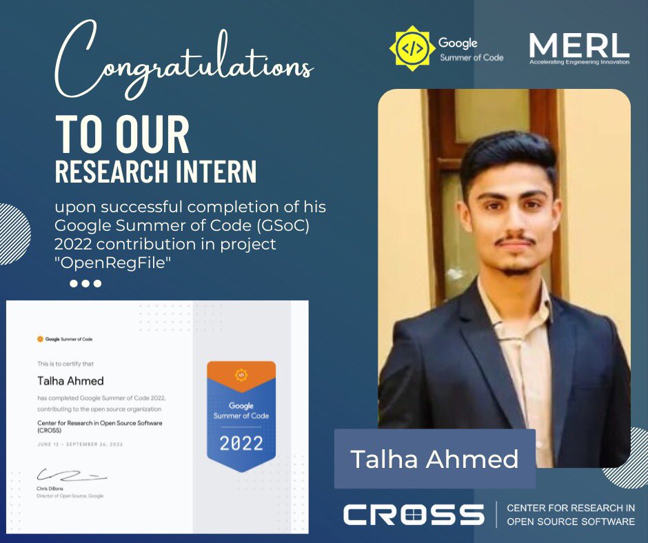 MERLUIT's tweet photo. Our Research Intern Talha Ahmed has successfully completed the #GSoC’22 on project "OpenRegFile". Congratulations to him from the entire team of @MERLUIT upon his such tremendous achievement. Keep up the good work. @GoogleOSS https://t.co/DDSLxfHul2
