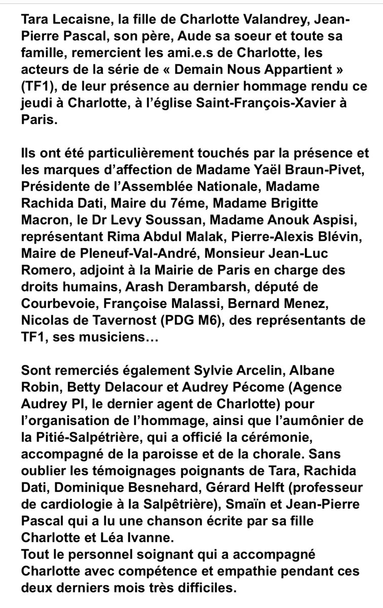 JFGuyot's tweet photo. Un communiqué de la famille de la comédienne et chanteuse Charlotte #VALANDREY, après l’hommage public rendu hier https://t.co/l5JpI2XoY3