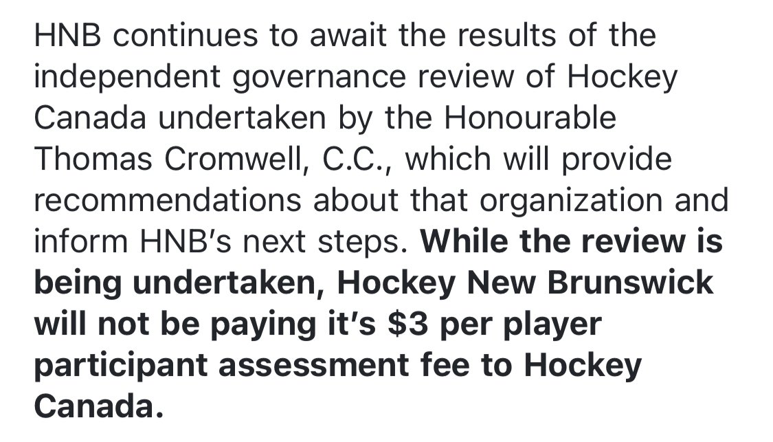IanKennedyCK's tweet image. Hockey New Brunswick just sent me a revised statement. They have now joined Quebec, Ontario, and Nova Scotia in withholding fees from Hockey Canada @HockeyNB