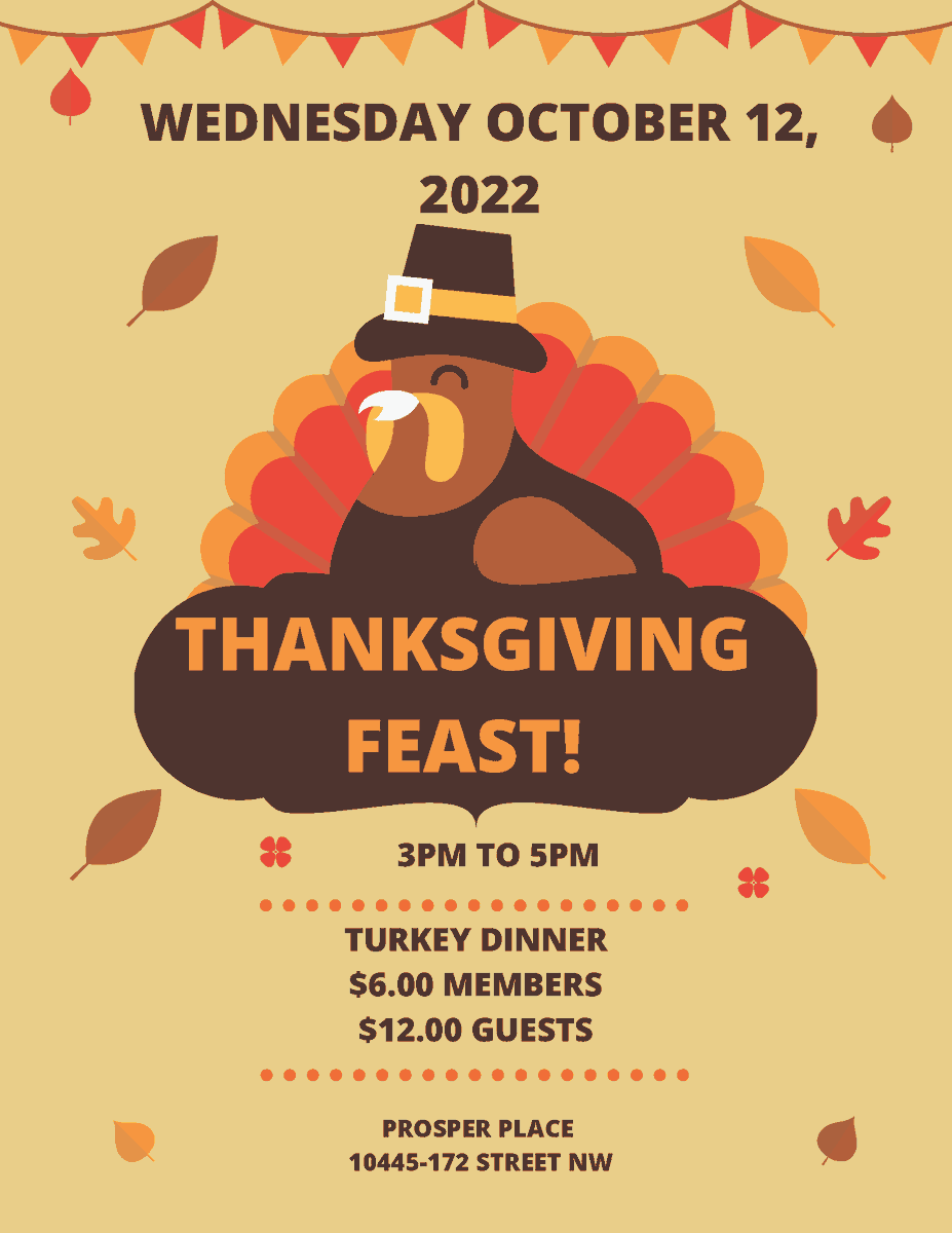 Come one, come all to the Thanksgiving Feast coming up on Wednesday, October 12th! 🍂
Join us from 3PM to 5PM for a turkey dinner and other thanksgiving activities to connect with other members. 

Happy Thanksgiving Weekend!