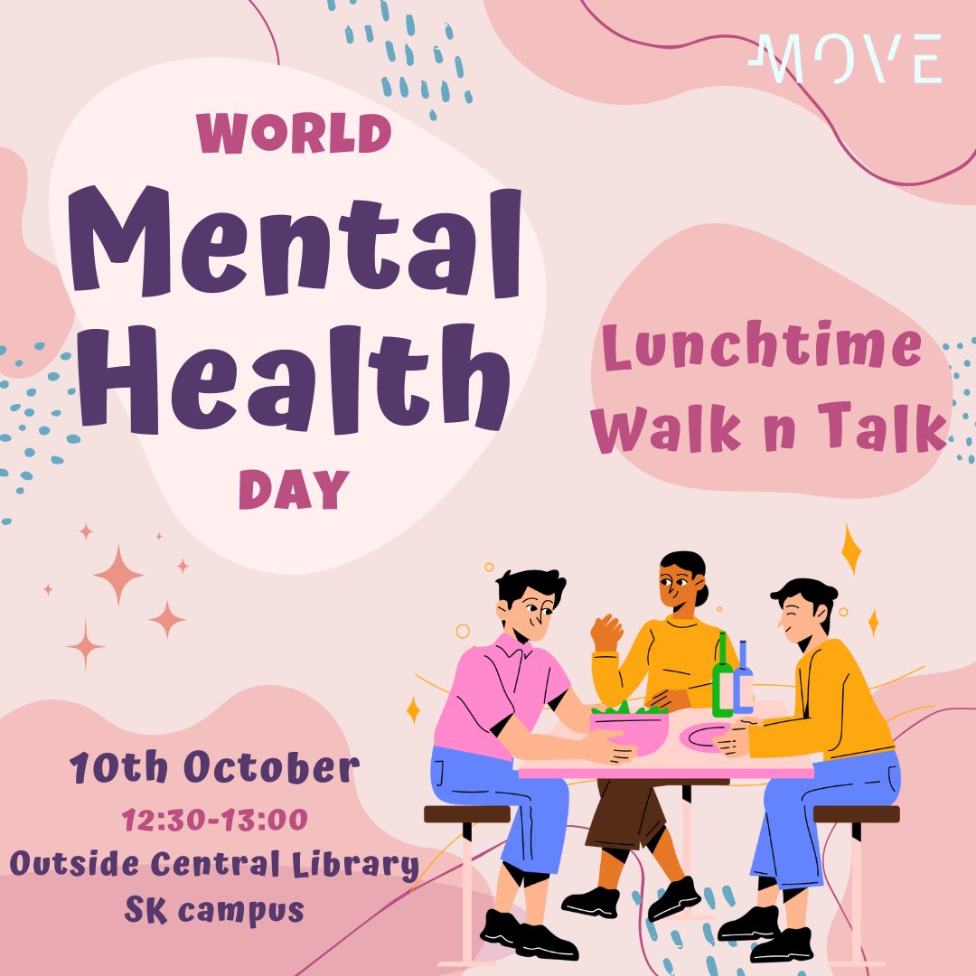 To celebrate World Mental Health Day, Move are hosting a Lunchtime Walk n Talk. 💛

Get active whilst meeting and checking in with colleagues from across Imperial.🏃‍♂️🏃‍♀️

Join us outside Central Library 12:30pm for a walk on Monday! 🗓️