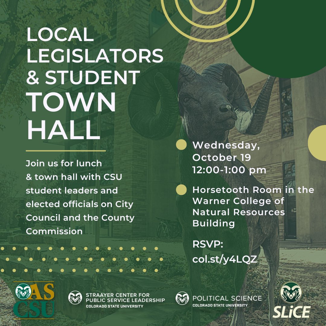CSUPoliSci's tweet photo. Join us for lunch and town hall with CSU student leaders and elected officials on City Council and County Commission!

Weds, October 19 from 12-1pm

RSVP: https://t.co/z1S8sMjKnG

#ColoradoState #FortCollins #RamsVote https://t.co/HZEaWAZD7W