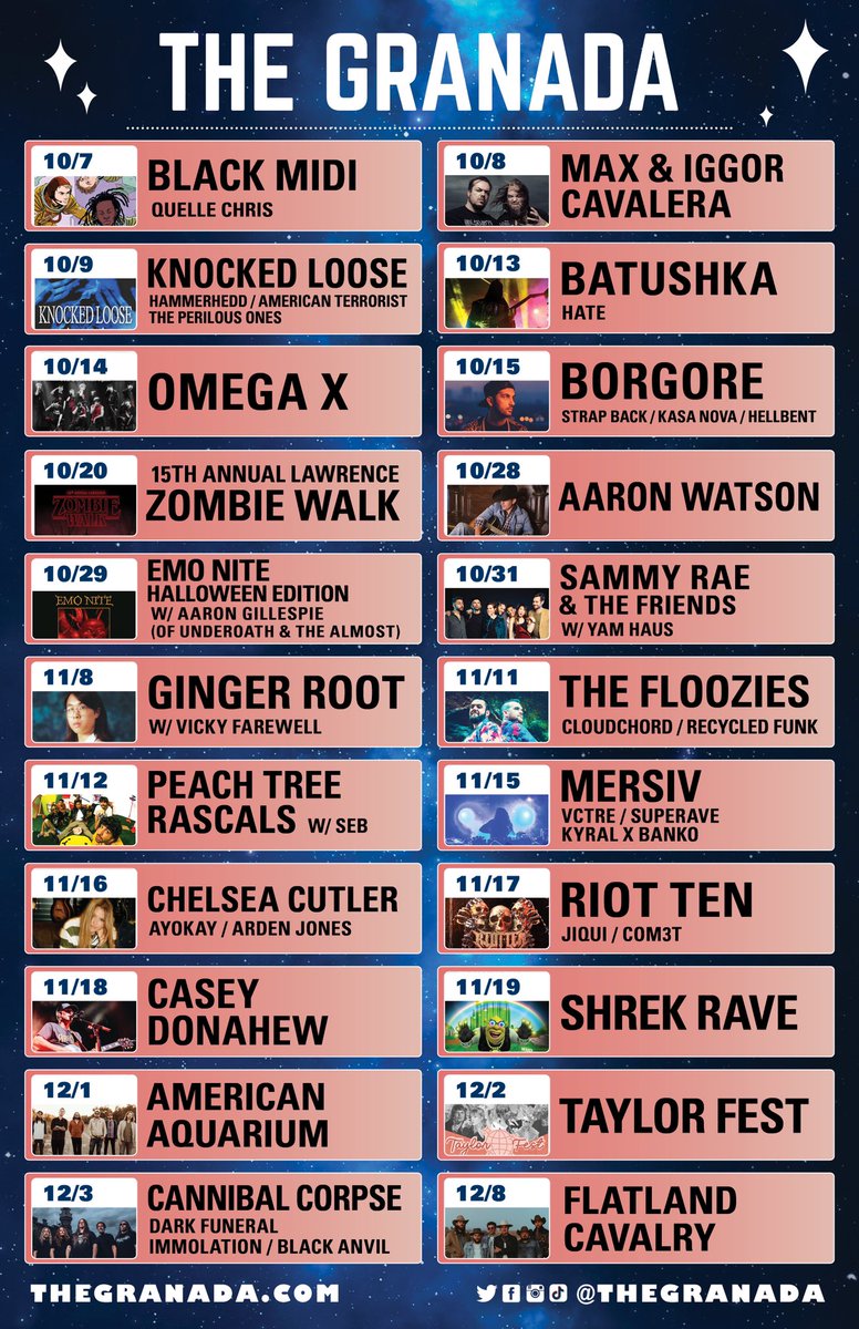 theGranada's tweet photo. THE FRIDAY FUN CONTINUES! ✨🫶

To enter this giveaway, RT this tweet &amp; follow us! The winner will win a pair of tix to a show of their choice from this calendar! 🎫🎫

Giveaway ends next Friday at noon &amp; winner will be announced that evening! https://t.co/WnJlELhOaF