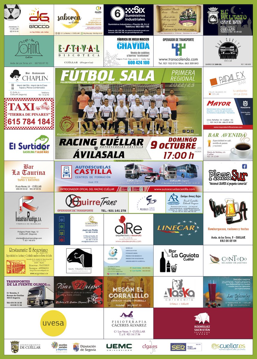 rcuellarfs's tweet photo. ¡Os esperamos!
Derbi mañana entre los dos juveniles  @rcuellarfs  a las 12:00 en el Santa Clara cuellarano.
El domingo a las 17:00 el Sénior Regional se estrena con nuevas caras Carlos, Rodrigo y la vuelta de Víctor.

#apoyoalcomerciolocal 
#apoyamoscantera 
#soydelracingcuellar https://t.co/mGHHbA3q7q