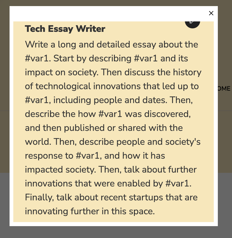 yoheinakajima's tweet photo. Built this app in 10 minutes on my phone by writing a "tech essay writer" prompt that looks like this.
In Geppetto, just use #var1 where you want the user input to go. https://t.co/7inXDbFh2K