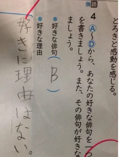 好きな理由を記述するテスト問題に…「好きに理由はない。」と答える！