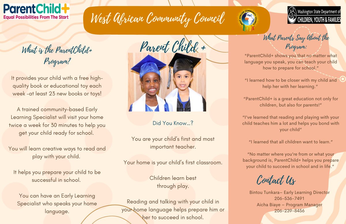 WACC's Early Learning Program is currently enrolling for our Parent Child + program for families in the Highline School District: Burien, Sea-Tac, Tukwila &amp; some parts of West Seattle. Please take a look at the flyer for additional details and reach out if you have any questions.