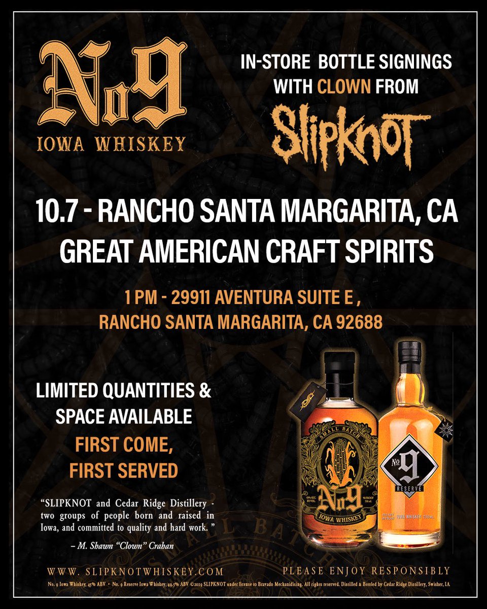 Our last #SlipknotWhiskey bottle signing on this run of @KFRoadshow is today. We’ll see you at Great American Craft Spirits in Rancho Santa Margarita at 1PM!