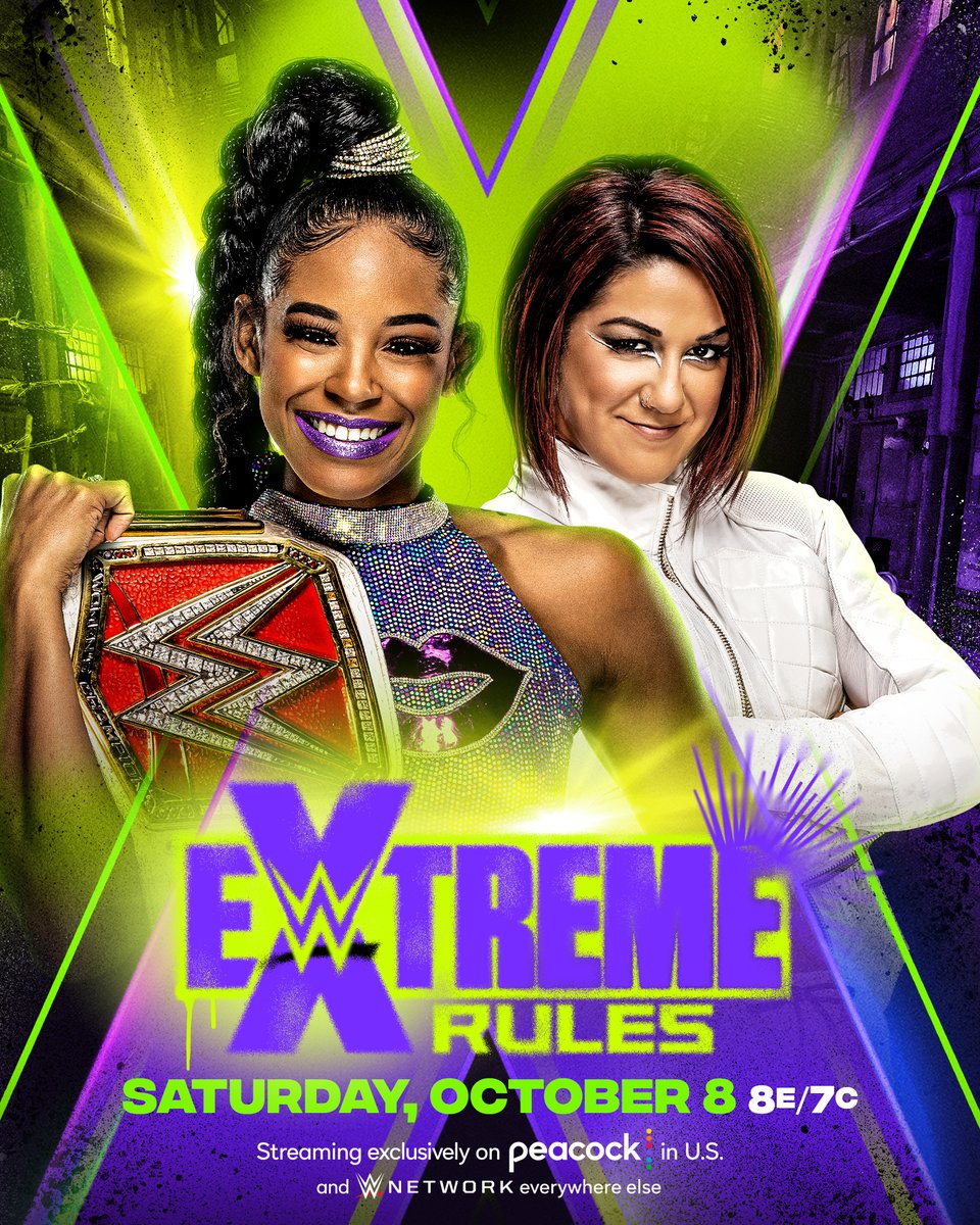 WWE's tweet photo. The #WWERaw Women's Title will be suspended above the ring when @itsBayleyWWE challenges @BiancaBelairWWE tomorrow night at #ExtremeRules! https://t.co/NDG5yKBxpA