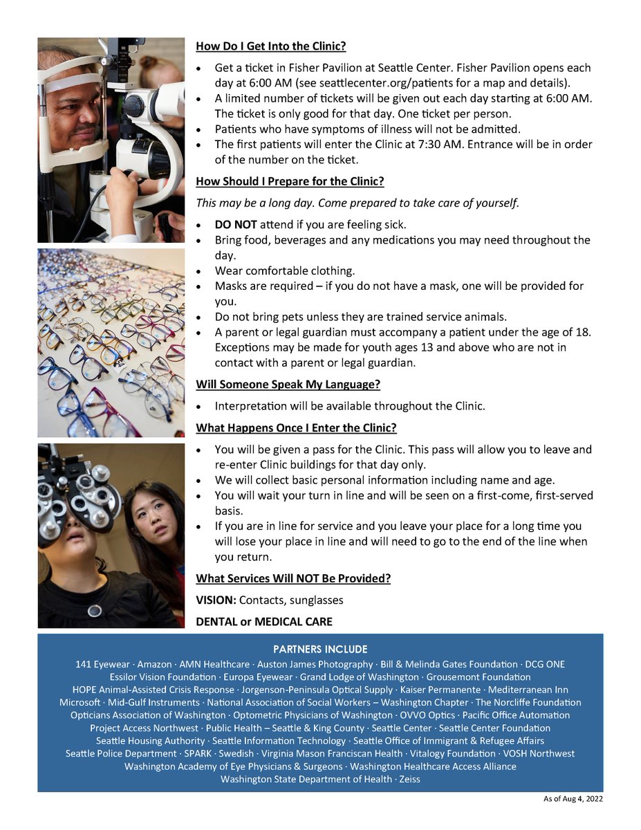 Seattle/ King County Clinic is holding a vision clinic on October 20-23, 2022, at Seattle Center. Please note this is a free routine eye exam and access to prescription eyeglasses. Please see the flyer for additional details or click this link:  seattlecenter.org/patients