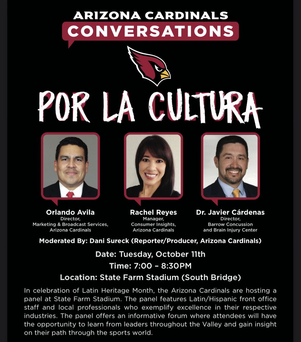 HBA ASU (@hba_asu) on Twitter photo Join us this Tuesday at State Farm Stadium with The <a href="/AZCardinals/">Arizona Cardinals</a> for a panel event with some of Arizona’s top leaders to Hispanic Heritage Month!
Link in bio to sign-up! Join us this Tuesday at State Farm Stadium with The <a href="/AZCardinals/">Arizona Cardinals</a> for a panel event with some of Arizona’s top leaders to Hispanic Heritage Month!
Link in bio to sign-up!